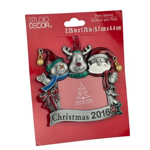 2016 Studio Decor SNOWMAN REINDEER SANTA Pewter Photo Holder Ornament - Picture 1 of 4